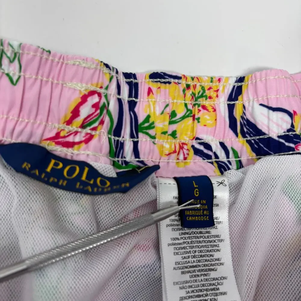 Polo Ralph Lauren Mens Large Pink Blue Floral Pattern Stretch Waist Swim Trunks
